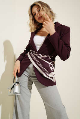 Leopar Astarlı Tek Düğme Blazer Ceket Mürdüm - HELLIE