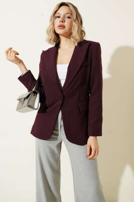 Leopar Astarlı Tek Düğme Blazer Ceket Mürdüm - Kadın Giyim Modelleri