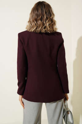 Leopar Astarlı Tek Düğme Blazer Ceket Mürdüm - Kadın Giyim Modelleri