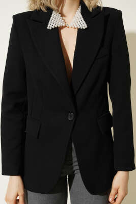 Leopar Astarlı Tek Düğme Blazer Ceket Siyah - Kadın Giyim Modelleri