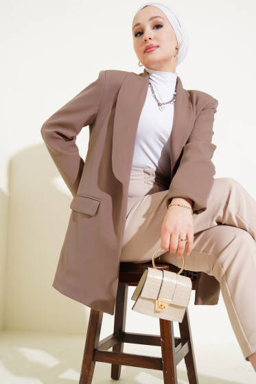 Leopar Astarlı Uzun Blazer Ceket Camel - Ceket