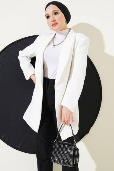 Leopar Astarlı Uzun Blazer Ceket Ekru - Ceket