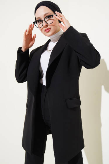 Leopar Astarlı Uzun Blazer Ceket Siyah - Ceket