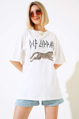 Leopar Baskılı T-shirt Ekru 