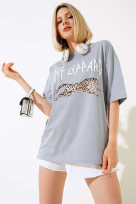Leopar Baskılı T-shirt Gri 