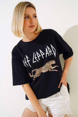 Leopar Baskılı T-shirt Siyah 