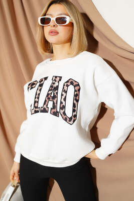 Leopar Baskılı Üç İplik Sweatshirt Ekru - Kadın Giyim Modelleri