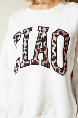 Leopar Baskılı Üç İplik Sweatshirt Ekru - Kadın Giyim Modelleri