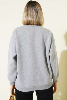 Leopar Baskılı Üç İplik Sweatshirt Gri - Kadın Giyim Modelleri