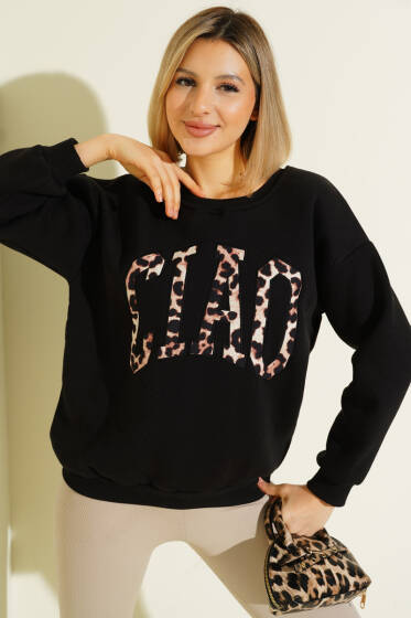 Leopar Baskılı Üç İplik Sweatshirt Siyah - Bluz