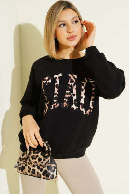 Leopar Baskılı Üç İplik Sweatshirt Siyah - Kadın Giyim Modelleri