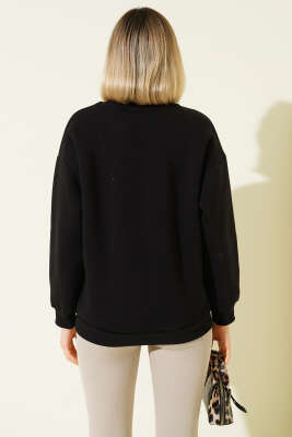 Leopar Baskılı Üç İplik Sweatshirt Siyah - Kadın Giyim Modelleri