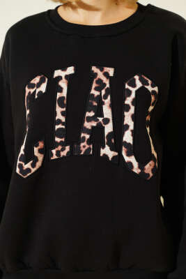 Leopar Baskılı Üç İplik Sweatshirt Siyah - Kadın Giyim Modelleri