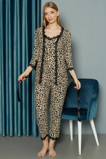 Leopar Dantel Sabahlıklı 3'lü Pijama Takım Latte - Kadın Pijama Takımı