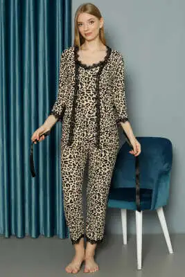 Leopar Dantel Sabahlıklı 3'lü Pijama Takım Latte - Pijama