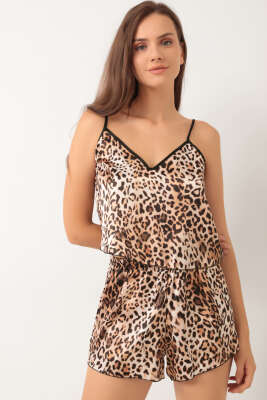 Leopar Desen Askılı Saten Pijama Takımı Latte