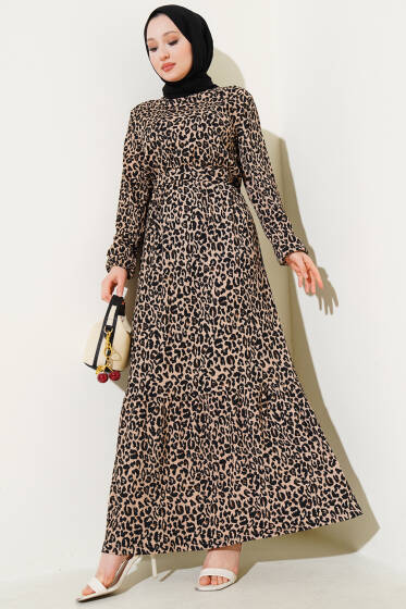 Leopar Desen Bel Lastikli Bürümcük Elbise Leopar - Elbise