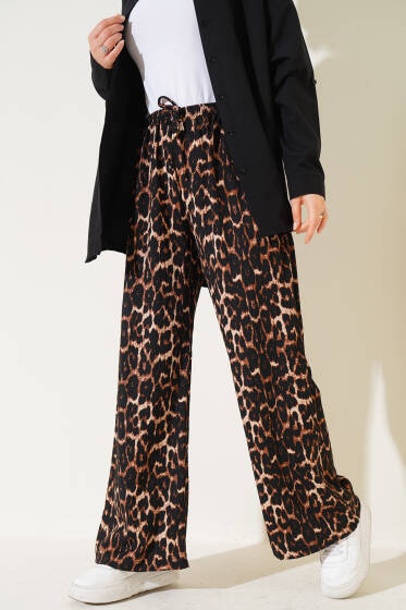 Leopar Desen Bel Lastikli Bürümcük Pantolon Kahve - Pantolon