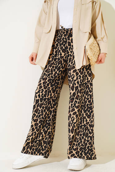 Leopar Desen Bel Lastikli Bürümcük Pantolon Latte - Pantolon