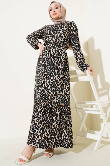 Leopar Desen Bel Lastikli Volanlı Bürümcük Elbise Leopar - Elbise