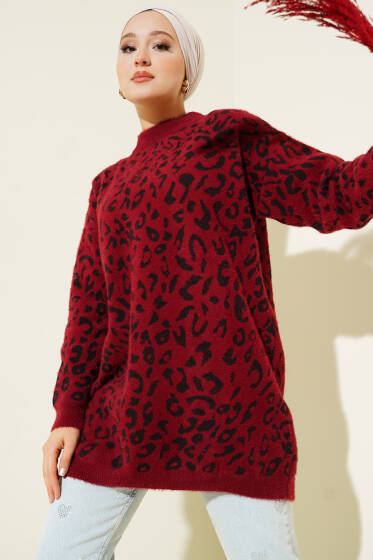 Leopar Desen Detaylı Sakallı Kazak Bordo - Triko Kazak