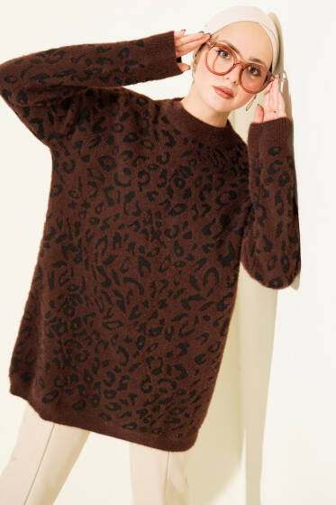 Leopar Desen Detaylı Sakallı Kazak Kahve - Tunik