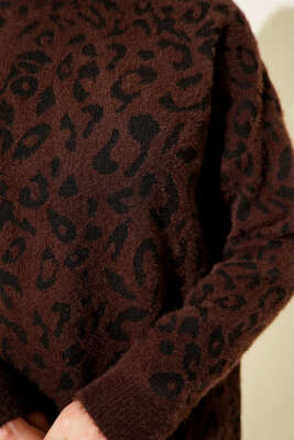 Leopar Desen Detaylı Sakallı Kazak Kahve - Tunik