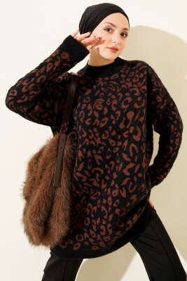 Leopar Desen Detaylı Sakallı Kazak Siyah - VANİZA TRİKO