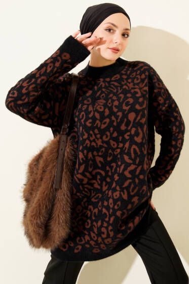 Leopar Desen Detaylı Sakallı Kazak Siyah - Tunik