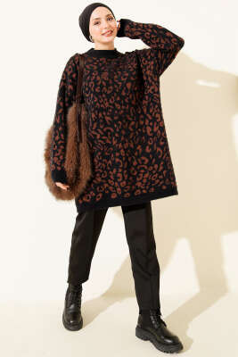 Leopar Desen Detaylı Sakallı Kazak Siyah - Tunik