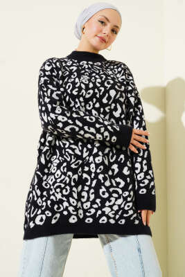 Leopar Desen Detaylı Sakallı Kazak Siyah 