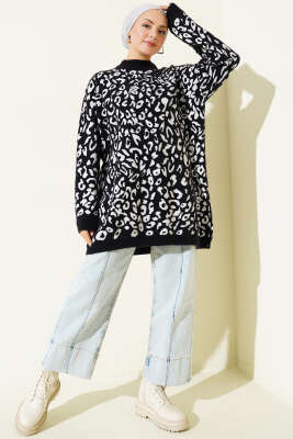 Leopar Desen Detaylı Sakallı Kazak Siyah - Tunik