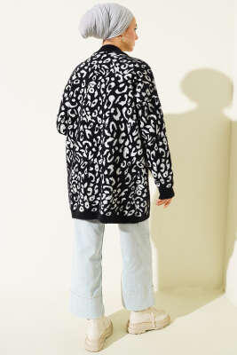 Leopar Desen Detaylı Sakallı Kazak Siyah - Tunik