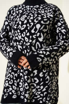Leopar Desen Detaylı Sakallı Kazak Siyah - Tunik