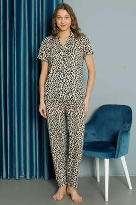 Leopar Desen Düğmeli Pijama Takımı Leopar - Pijama & Gecelik