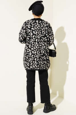 Leopar Desen Düğmeli Salaş Triko Hırka Bej - Triko Hırka