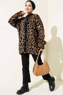 Leopar Desen Düğmeli Salaş Triko Hırka Bisküvi - Triko Hırka