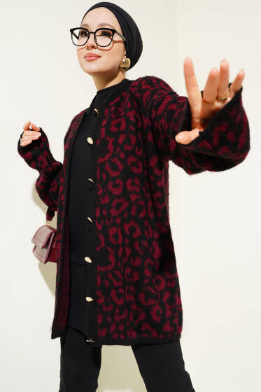 Leopar Desen Düğmeli Salaş Triko Hırka Bordo - Hırka
