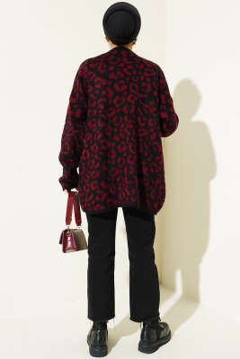 Leopar Desen Düğmeli Salaş Triko Hırka Bordo - Triko Hırka