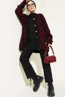 Leopar Desen Düğmeli Salaş Triko Hırka Bordo - Triko Hırka