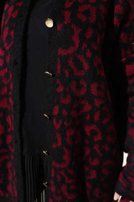 Leopar Desen Düğmeli Salaş Triko Hırka Bordo - Triko Hırka