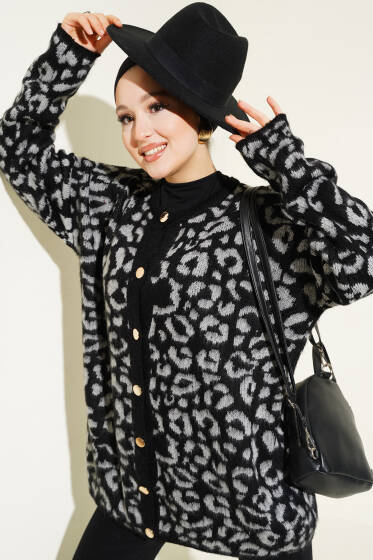 Leopar Desen Düğmeli Salaş Triko Hırka Gri - Hırka