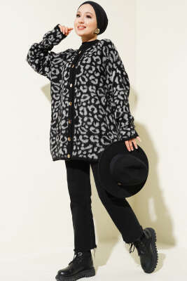 Leopar Desen Düğmeli Salaş Triko Hırka Gri - Triko Hırka