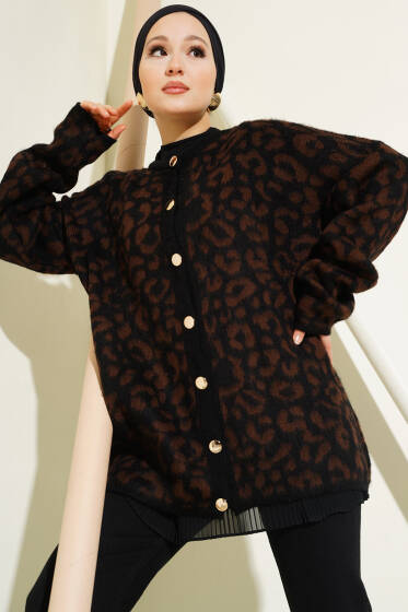 Leopar Desen Düğmeli Salaş Triko Hırka Kahve - Hırka