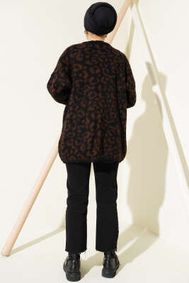 Leopar Desen Düğmeli Salaş Triko Hırka Kahve - Triko Hırka