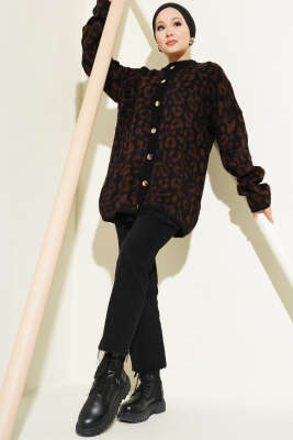 Leopar Desen Düğmeli Salaş Triko Hırka Kahve - Triko Hırka