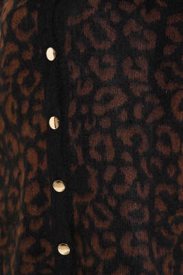 Leopar Desen Düğmeli Salaş Triko Hırka Kahve - Triko Hırka
