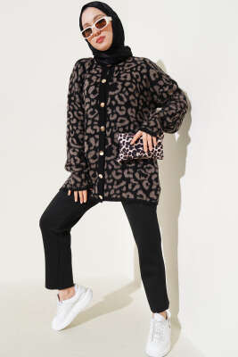 Leopar Desen Düğmeli Salaş Triko Hırka Vizon - Triko Hırka