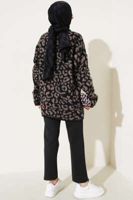 Leopar Desen Düğmeli Salaş Triko Hırka Vizon - Triko Hırka