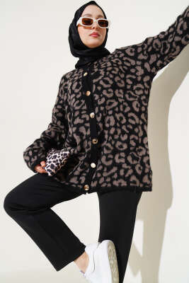 Leopar Desen Düğmeli Salaş Triko Hırka Vizon - KILIÇ TRİKO
